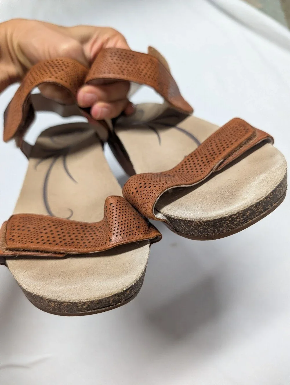 Abeo Brown Perforated Adjustable Leather Wedge Sandals Size 9